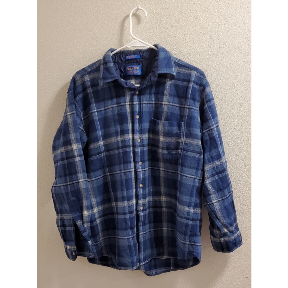 Vintage Wool PENDLETON Blue Plaid Button Down Flannel with Collar Size XL